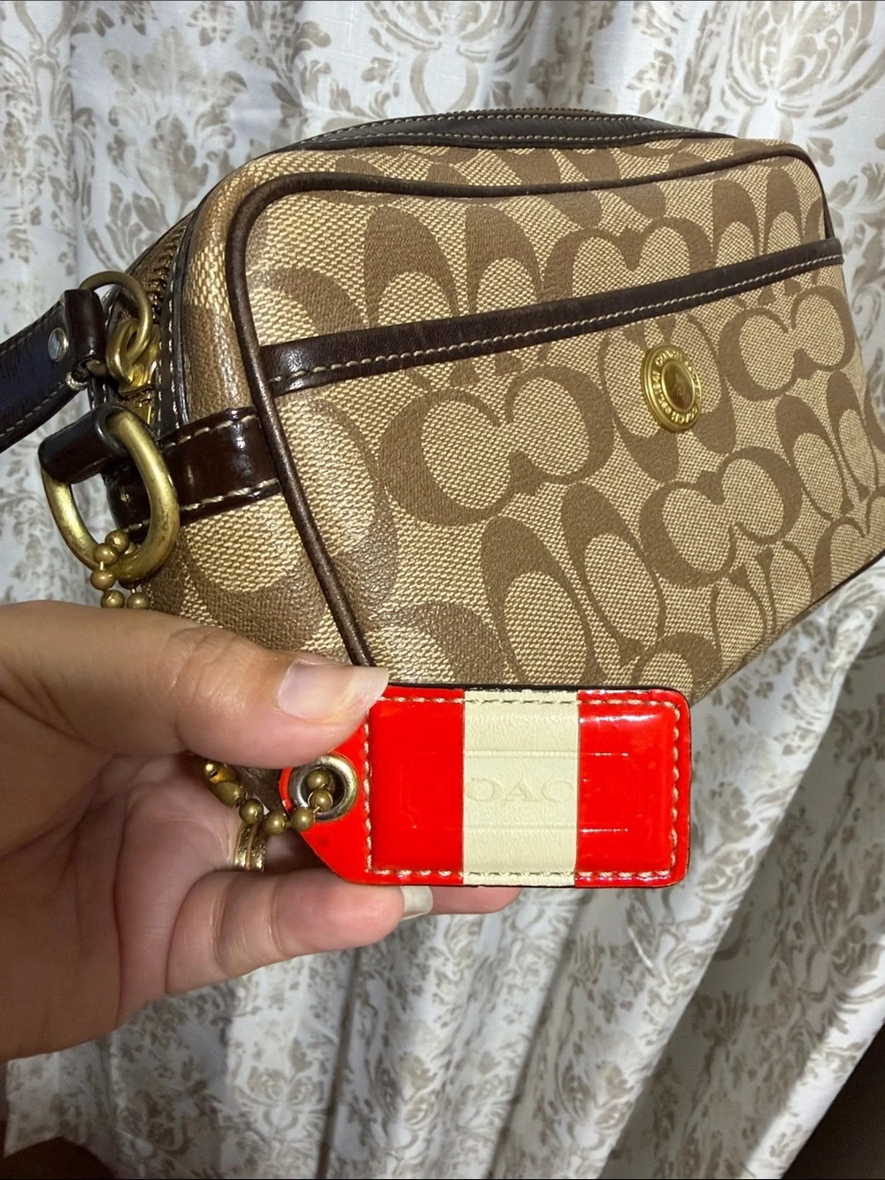Coach Khaki/Chestnut Signature Canvas Messenger Bag with Red Logo